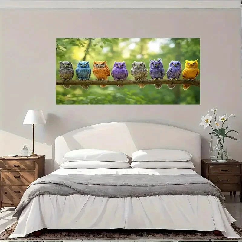 Colorful Owl Family On Branch Wall Art Canvas Office Home Room Framed 120x60cm