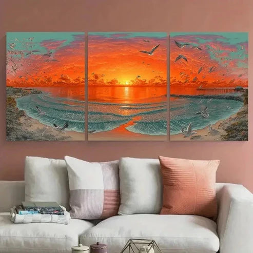 3pcs Seaside Sunrise Ocean Wave Seagulls Wall Art Canvas Unframed - High Quality Print 100% Australian Made Wall Canvas