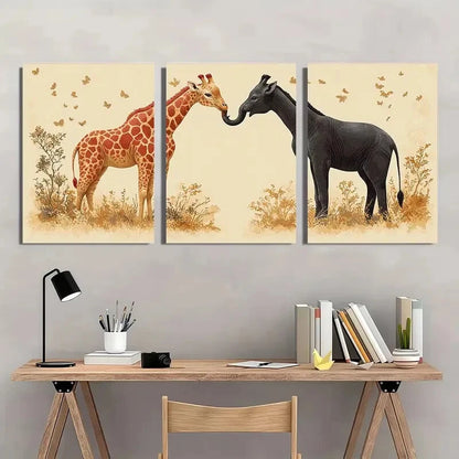 3pcs Adorable Elephant and Giraffe Vintage Metal Print Ready to Hang Art - Bella Home Decor
