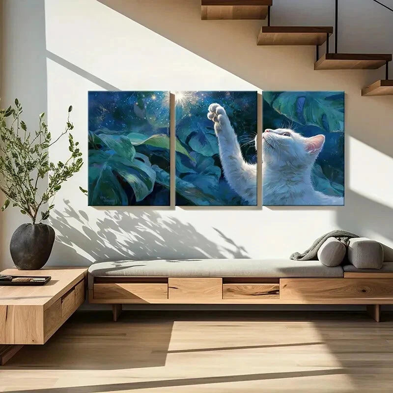3pcs White Cat Reaching Stars Dreamy Night Metal Print Ready to Hang Art