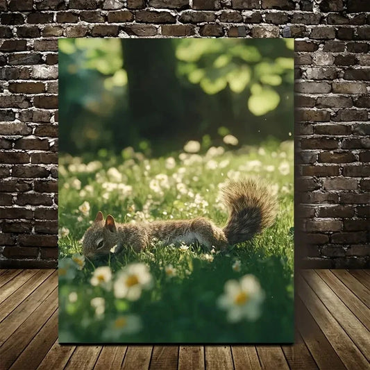 Fantasy Squirrel Rolling in Lush Meadow Painting 40x60cm Metal Print Ready to Hang - Bella Home Decor