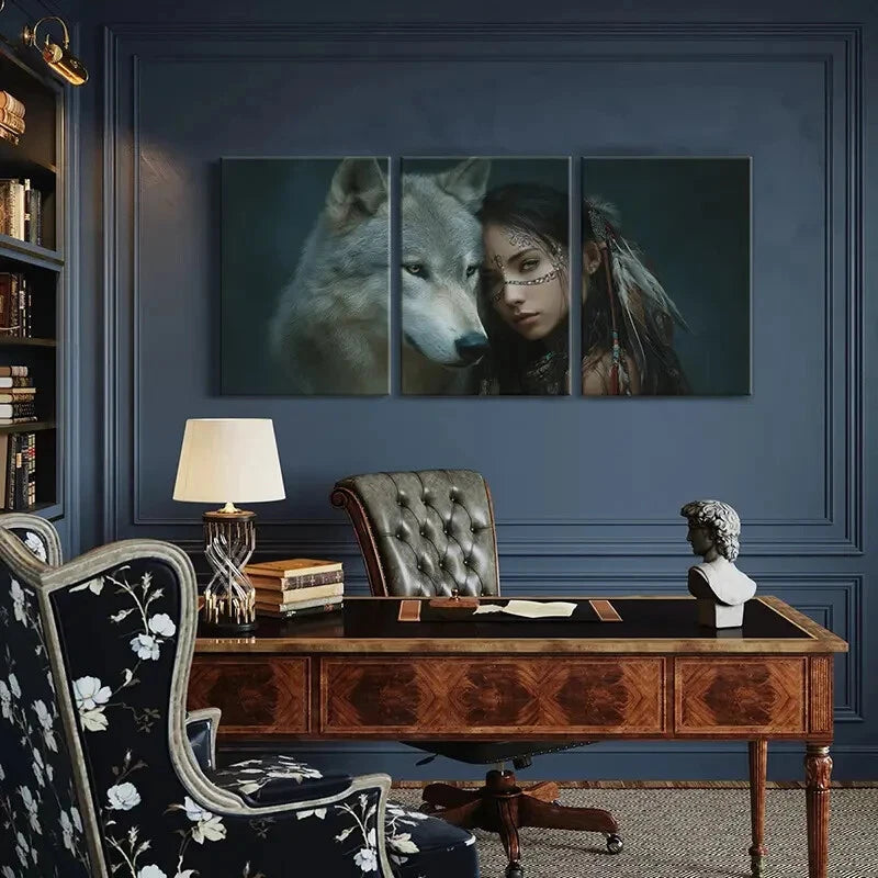 3pcs Native Spirit Wolf Companion Tribal Art Metal Print Ready to Hang Art - Bella Home Decor
