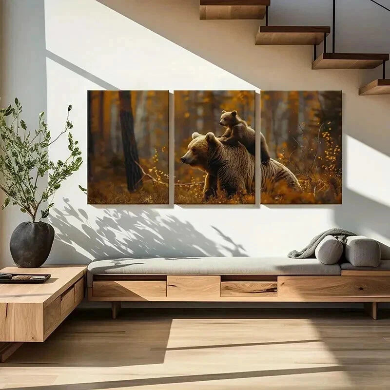 3pcs Bear And Cub Forest Autumn Nature Wall Art Set Canvas Framed 50x70cm - High Quality Print 100% Australian Made Wall Canvas Ready to Hang - Bella Home Decor