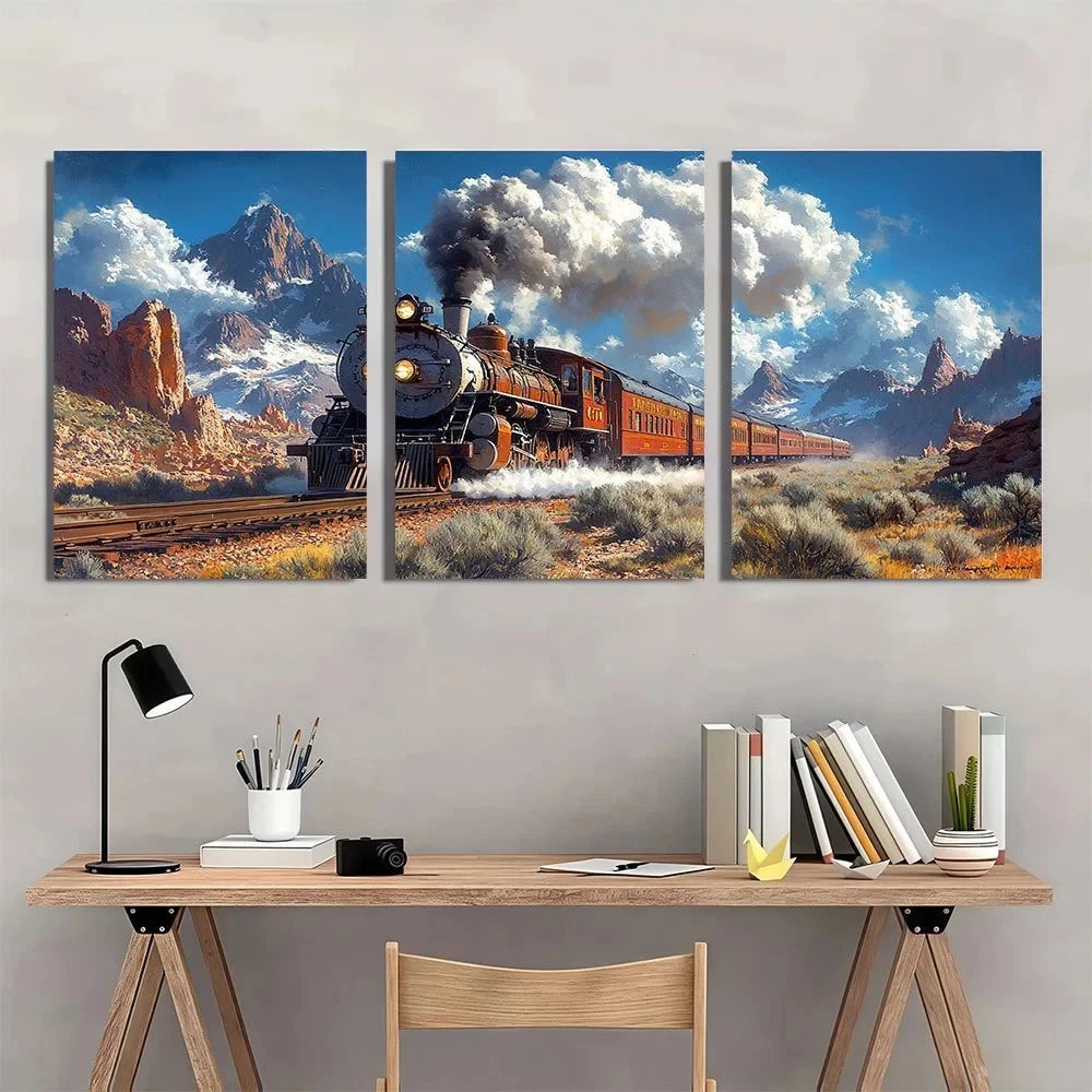 3pcs Train in Mountains Desert Metal Print Ready to Hang Art - Bella Home Decor