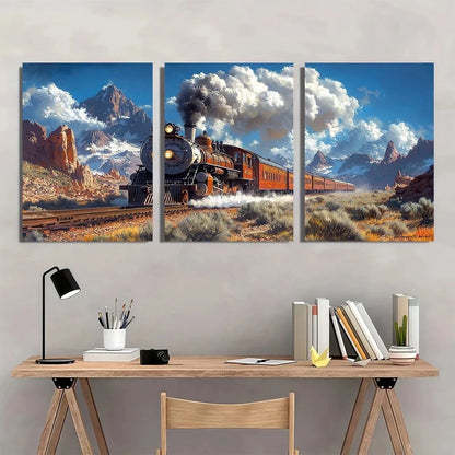 3pcs Train in Mountains Desert Metal Print Ready to Hang Art - Bella Home Decor
