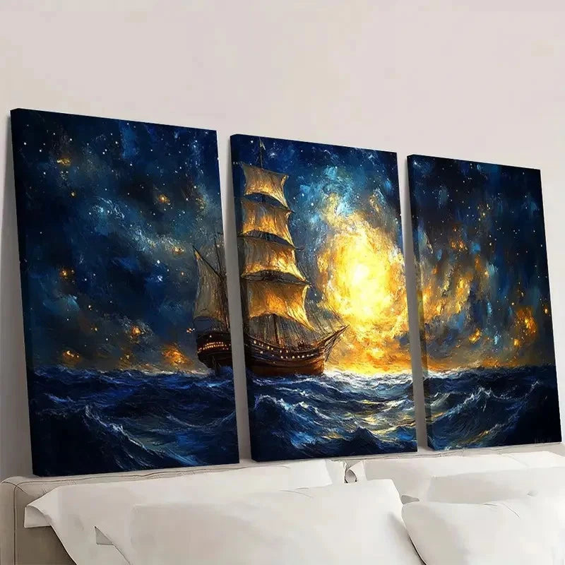 3pcs Starry Night Sky, Surreal Ship Painting J  Wall Art Set Canvas Framed 40x60cm - High Quality Print 100% Australian Made Wall Canvas Ready to Hang