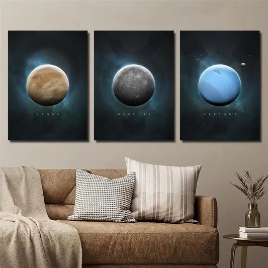 3pcs Depicting The Solar System Metal Print Ready to Hang Art