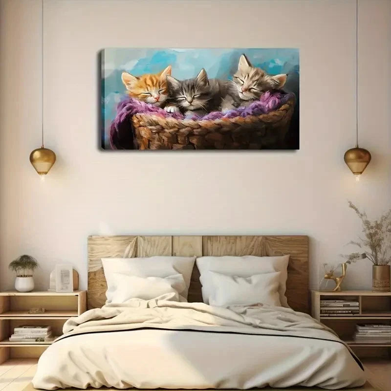 Sleeping Kittens Woven Basket Wall Art Canvas Office Home Room Framed 120x60cm - Bella Home Decor