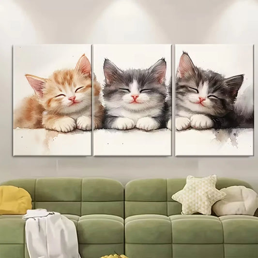 3pcs Cheerful Watercolor Cat Family Metal Print Ready to Hang Art