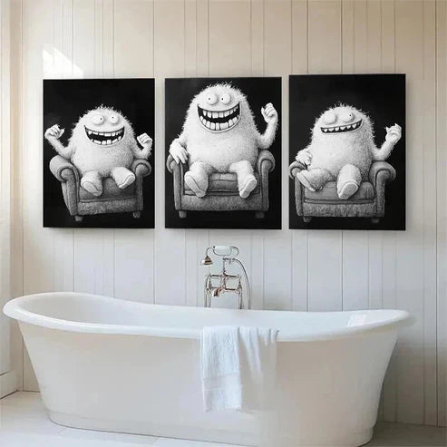 3pcs Funny Monster Playful Black & White Wall Art Canvas Unframed - High Quality Print 100% Australian Made Wall Canvas - Bella Home Decor