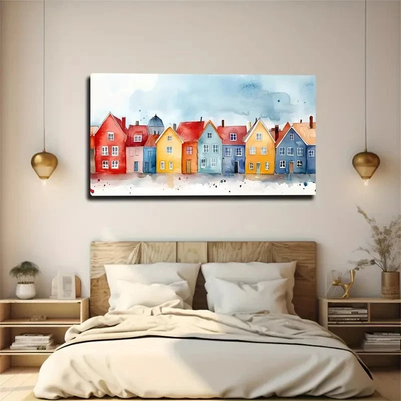 Vibrant Colorful Townscape Wall Art Canvas Office Home Room Framed 120x60cm