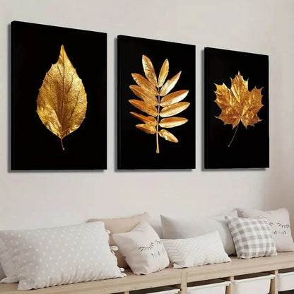 3pcs Luxurious Golden Leaves Wall Art Set Canvas Framed 40x60cm - High Quality Print 100% Australian Made Wall Canvas Ready to Hang