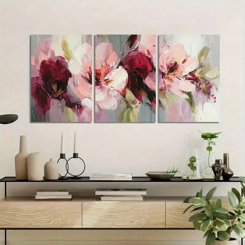 3pcs Abstract Floral Painting in Pink-Burgundy Metal Print Ready to Hang Art - Bella Home Decor
