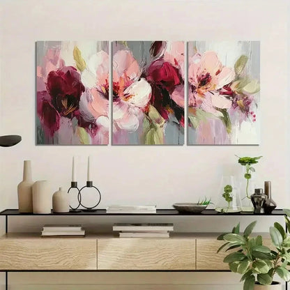 3pcs Abstract Floral Painting in Pink-Burgundy Metal Print Ready to Hang Art - Bella Home Decor