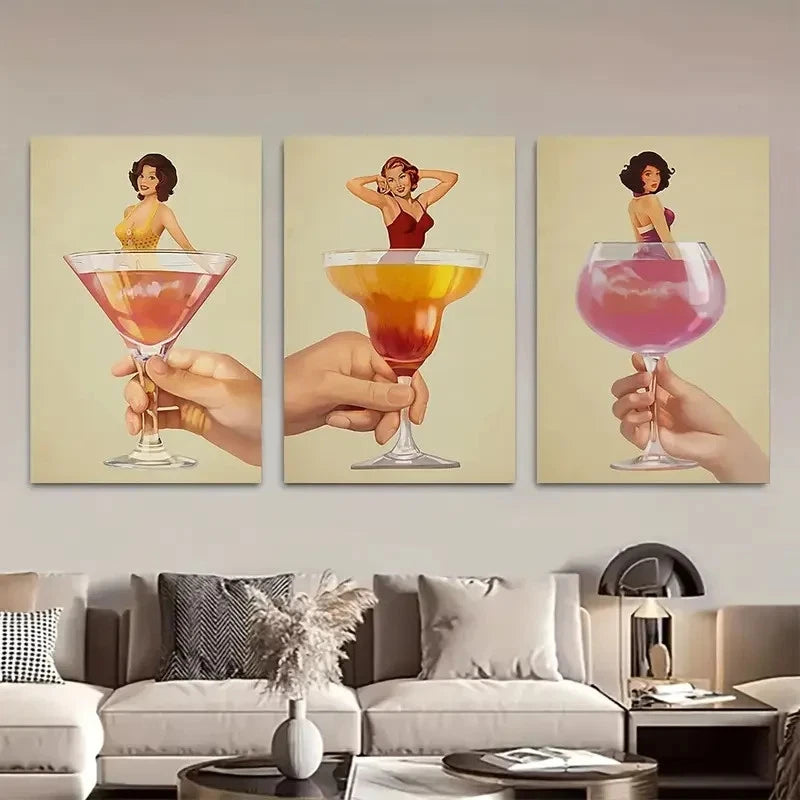 3pcs Cute Cocktail Woman Art Metal Print Ready to Hang Art - Bella Home Decor