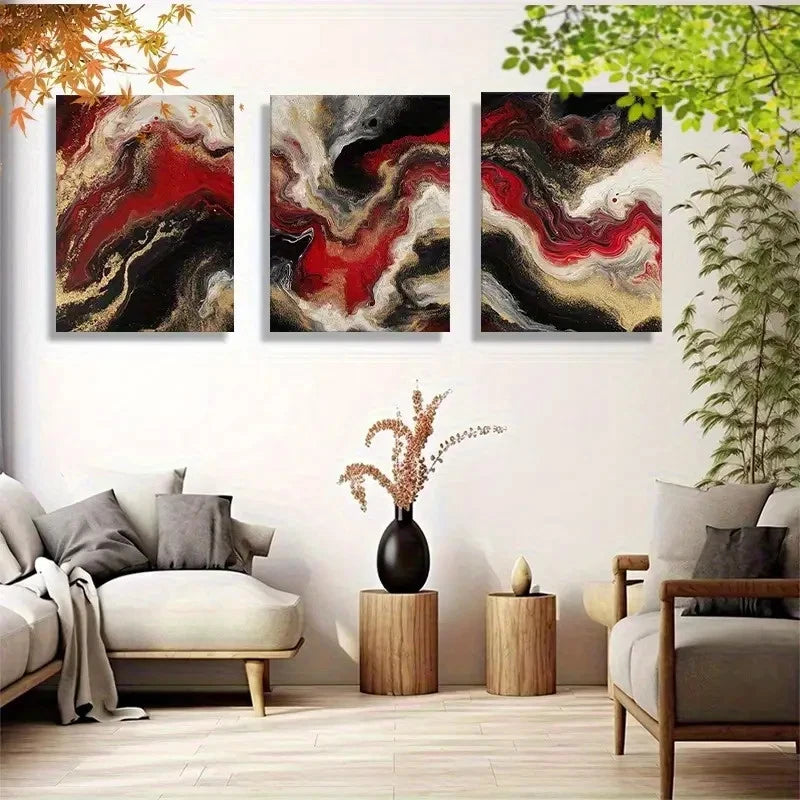 3pcs Abstract Fluid Ink Red Black Golden Swirl Metal Print Ready to Hang Art - Bella Home Decor