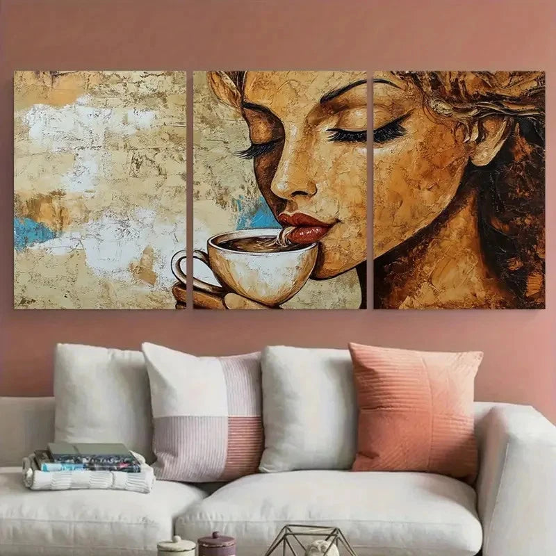 3pcs Abstract Lady Drinking Coffee Portrait Wall Art Set Canvas Framed 50x70cm - High Quality Print 100% Australian Made Wall Canvas Ready to Hang - Bella Home Decor