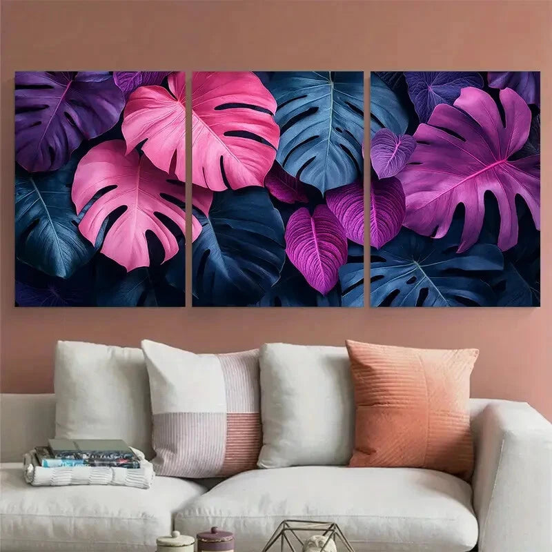 3pcs Vibrant Tropical Jungle Pink Purple Foliage Metal Print Ready to Hang Art - Bella Home Decor