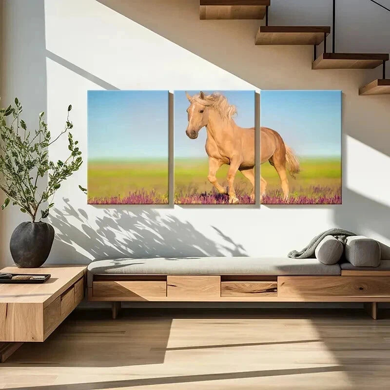3pcs Meadow Running Horses & Lavender Flowers Wall Art Set Canvas Framed 60x90cm - High Quality Print 100% Australian Made Wall Canvas Ready to Hang - Bella Home Decor