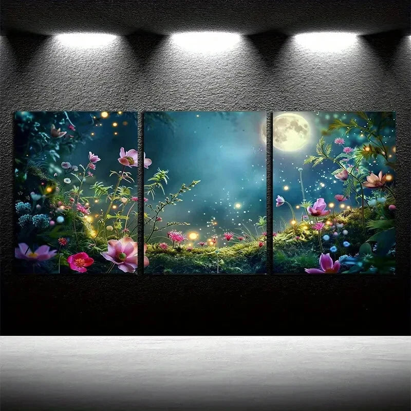 3pcs Vibrant Floral Garden with Moon View Design Metal Print Ready to Hang Art - Bella Home Decor