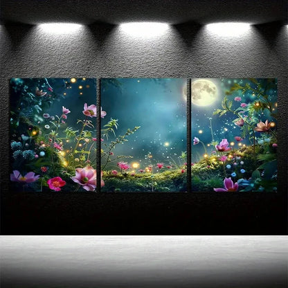 3pcs Vibrant Floral Garden with Moon View Design Metal Print Ready to Hang Art - Bella Home Decor