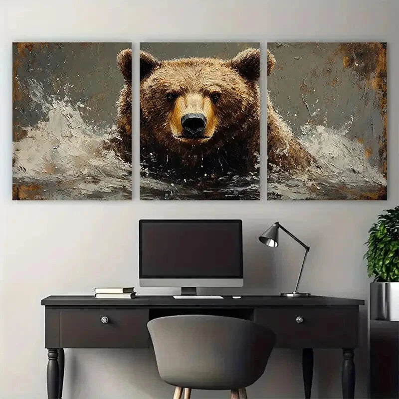 3pcs Grizzly Bear Animal Portrait Metal Print Ready to Hang Art - Bella Home Decor
