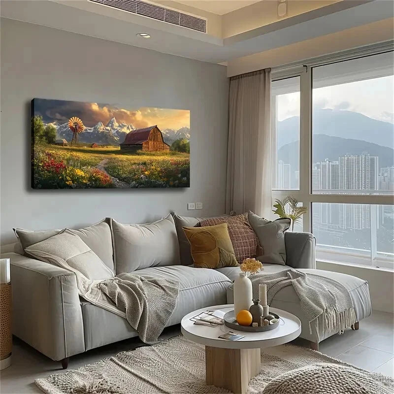 Windmill & Mountain Landscape Wall Art Canvas Office Home Room Framed 120x60cm - Bella Home Decor