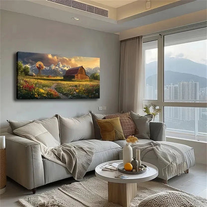 Windmill & Mountain Landscape Wall Art Canvas Office Home Room Framed 120x60cm - Bella Home Decor
