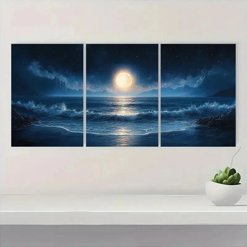 3pcs Moonlit Ocean Seascape Midnight Beach Scene Metal Print Ready to Hang Art - Bella Home Decor