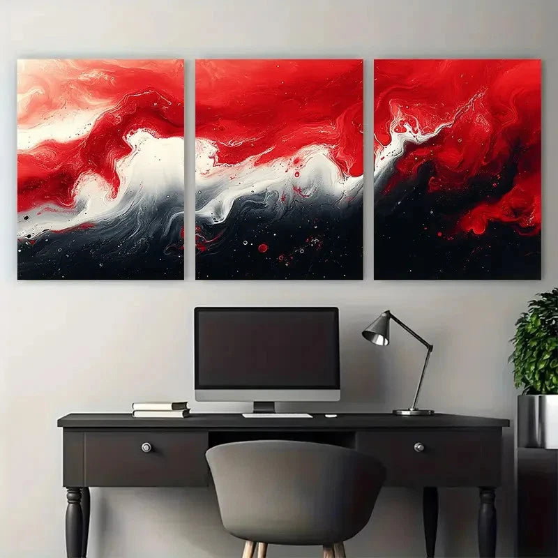 3pcs Elegant Red and White Fluid Abstract Wall Art Set Canvas Framed 40x60cm - High Quality Print 100% Australian Made Wall Canvas Ready to Hang