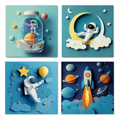 4pcs Modern Space Astronaut & Rockets Wall Art Canvas Framed