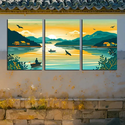 3pcs Fishing Boats on the Sea Scene Metal Print Ready to Hang Art - Bella Home Decor