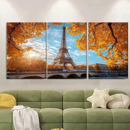3pcs Eiffel Tower Yellow Leaves ET  Wall Art Set Canvas Framed 60x90cm - High Quality Print 100% Australian Made Wall Canvas Ready to Hang - Bella Home Decor