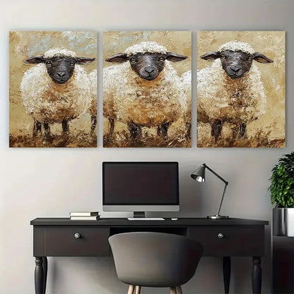3pcs Sheep Farm Animals Rustic Design Metal Print Ready to Hang Art - Bella Home Decor