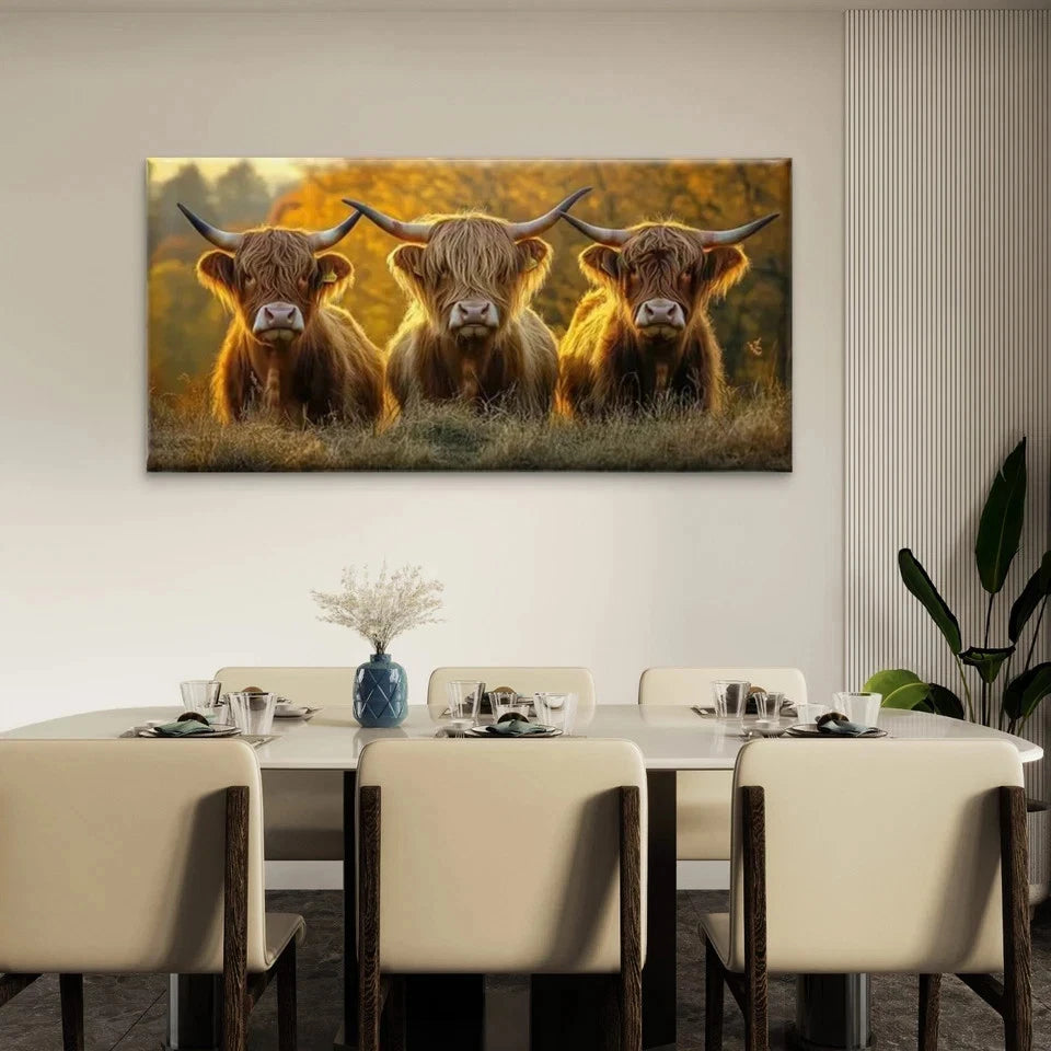 Highland Cattle Barnyard Scene Wall Art Canvas Office Home Room Framed 120x60cm