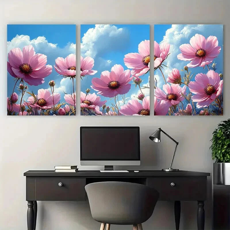 3pcs Blush Pink Cosmos Flowers Summer Sky Metal Print Ready to Hang Art - Bella Home Decor