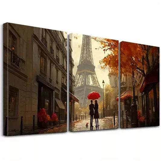 3pcs Modern Couple Walking Near Eiffel Tower Wall Art Set Canvas Framed 40x60cm - High Quality Print 100% Australian Made Wall Canvas Ready to Hang