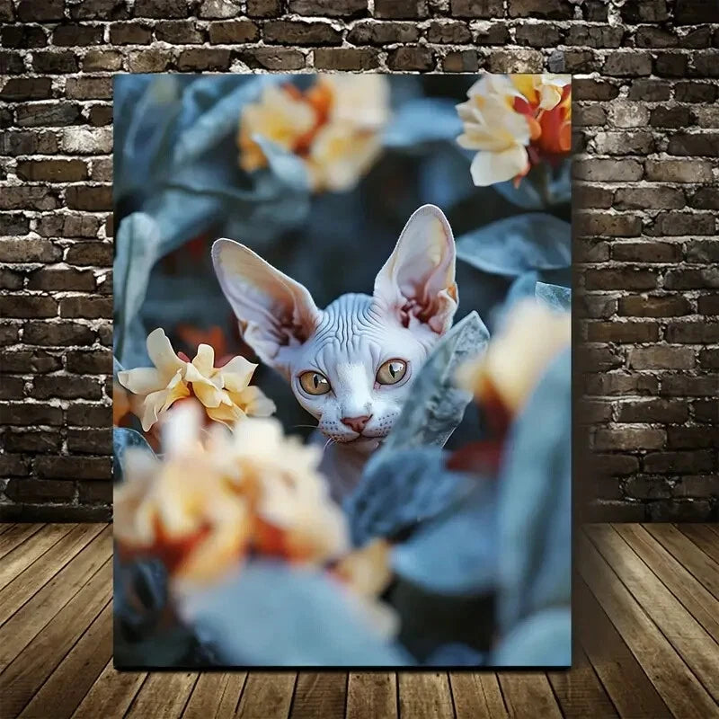 Cute Sphynx Kitten with Vibrant Flowers Painting 40x60cm Metal Print Ready to Hang - Bella Home Decor