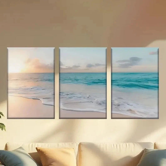 3pcs Serene Ocean Waves & Golden Sky Wall Art Set Canvas Framed 60x90cm - High Quality Print 100% Australian Made Wall Canvas Ready to Hang