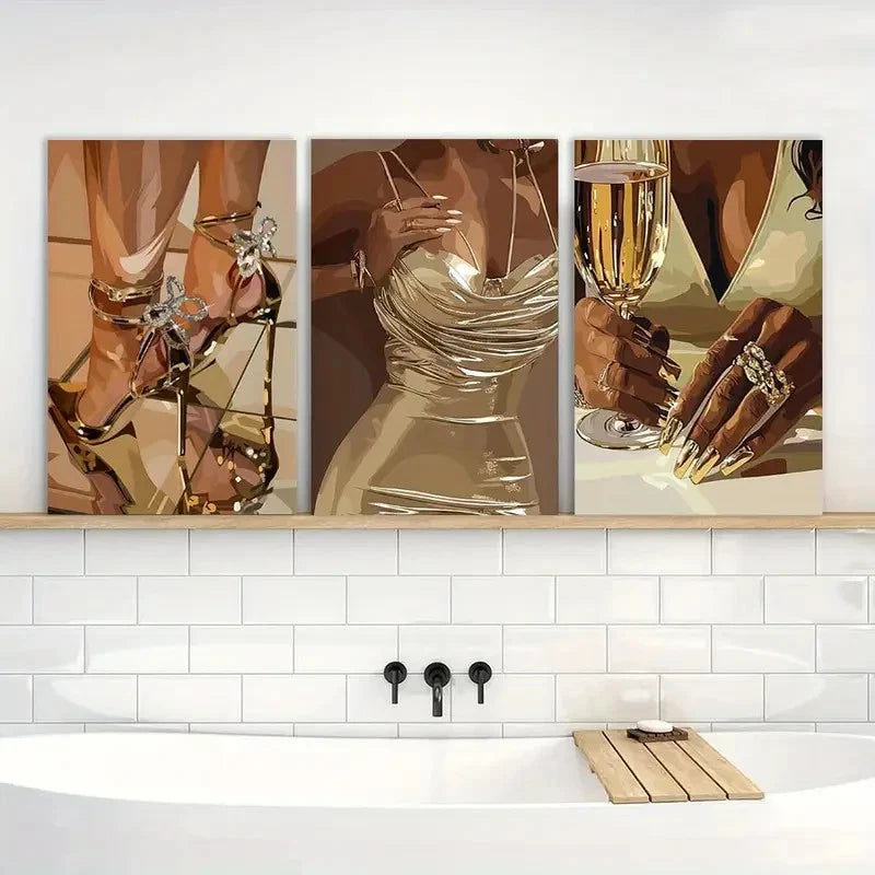 3pcs Wall Art African American Woman Painting Metal Print Ready to Hang Art - Bella Home Decor