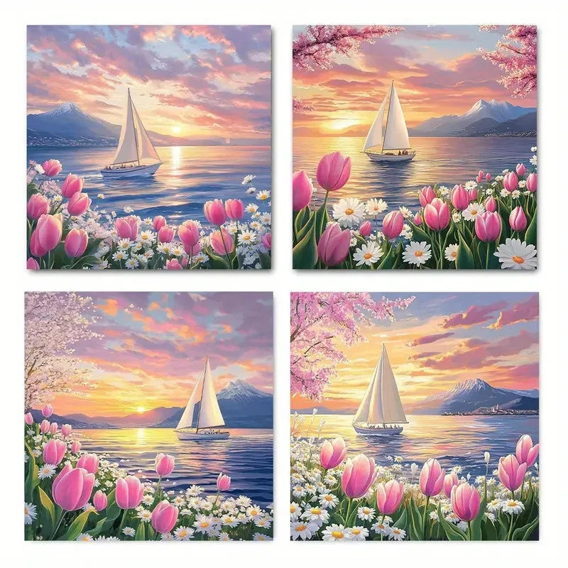 4pcs Sail sunset flowerWall Art Canvas Framed