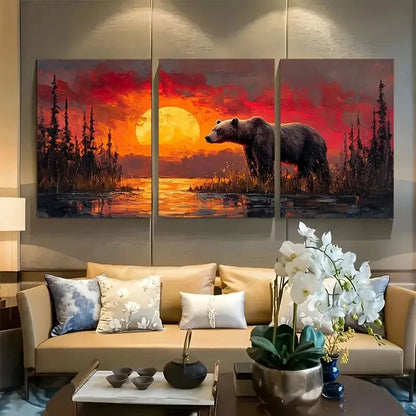 3pcs Grizzly Bear in Tundra Sunset Metal Print Ready to Hang Art