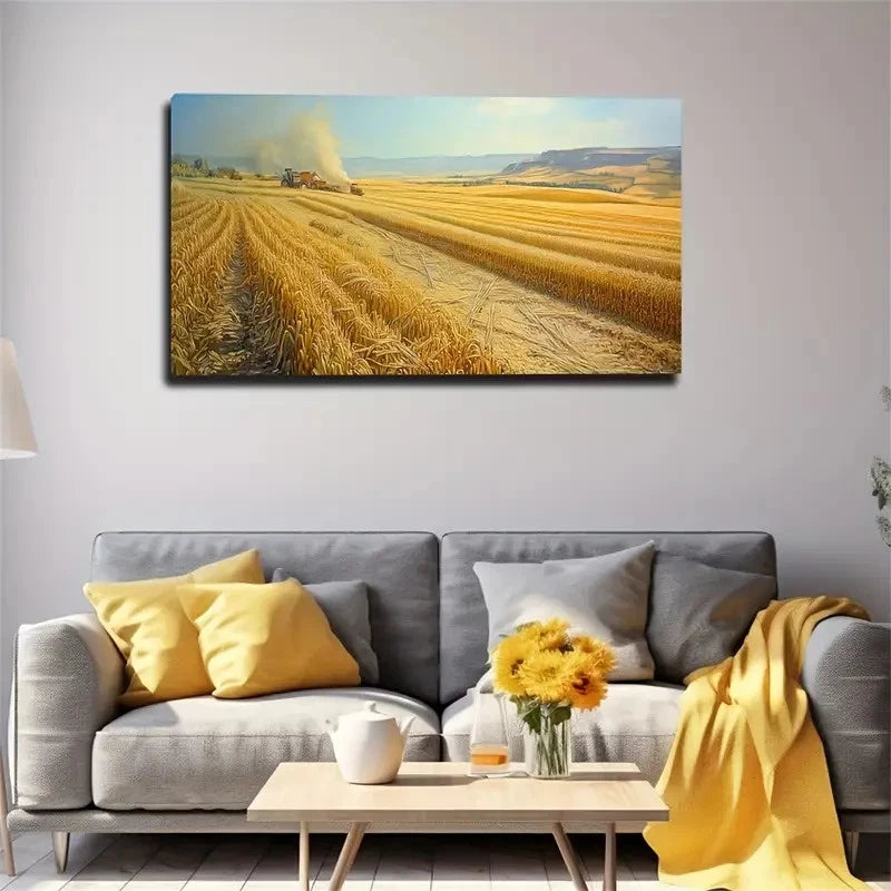 Vibrant Wheat Field Harvesting Wall Art Canvas Office Home Room Framed 120x60cm