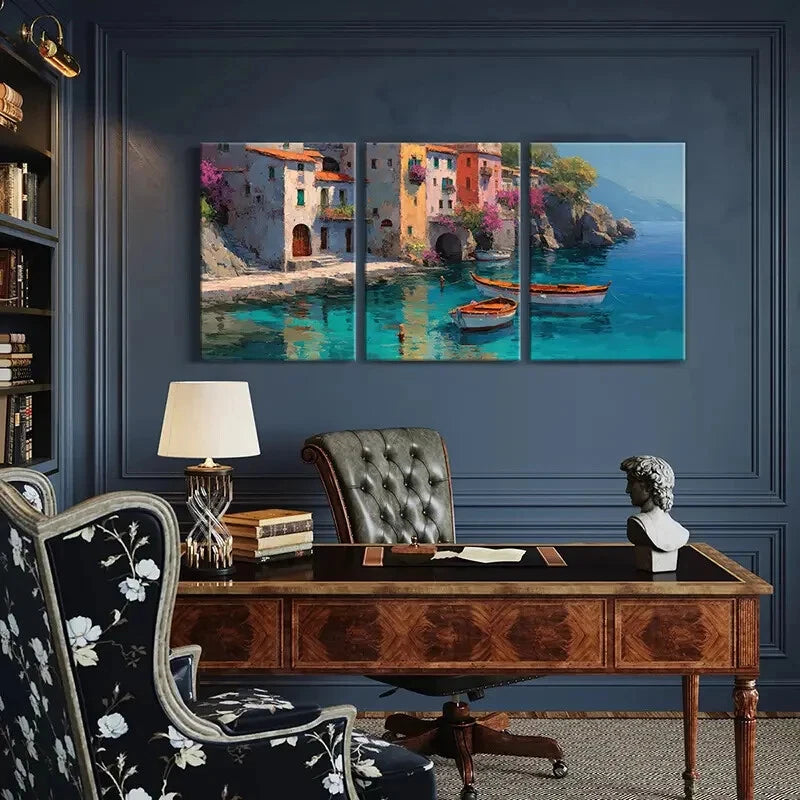 3pcs Artistic Coastal Village Mediterranean Style Metal Print Ready to Hang Art - Bella Home Decor