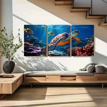 3pcs Marine Life Art Sea Turtle Fish Wall Art Set Canvas Framed 60x90cm - High Quality Print 100% Australian Made Wall Canvas Ready to Hang