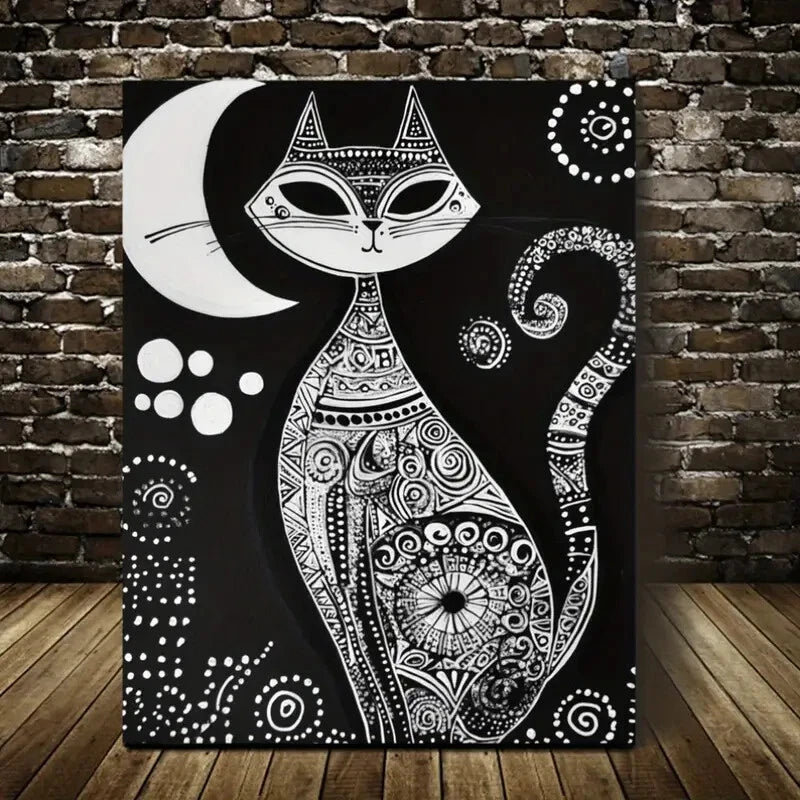 Bohemian Black and White Cat Moon Painting 40x60cm Metal Print Ready to Hang - Bella Home Decor
