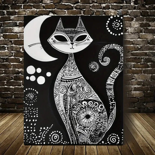 Bohemian Black and White Cat Moon Painting 40x60cm Metal Print Ready to Hang - Bella Home Decor