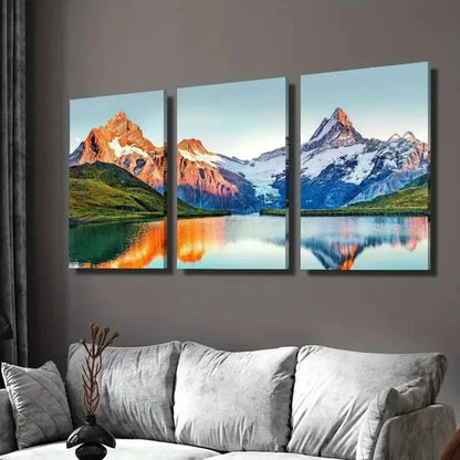 3pcs Snow Mountains Lake & Sunset Painting Wall Art Canvas Unframed - High Quality Print 100% Australian Made Wall Canvas