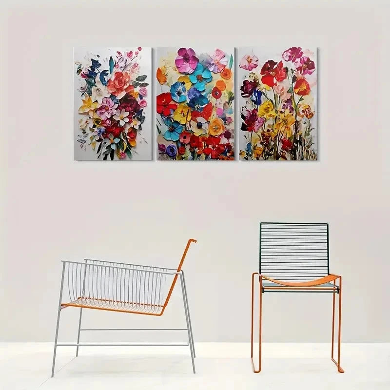 3pcs Colorful Floral Red Blue Yellow Metal Print Ready to Hang Art - Bella Home Decor