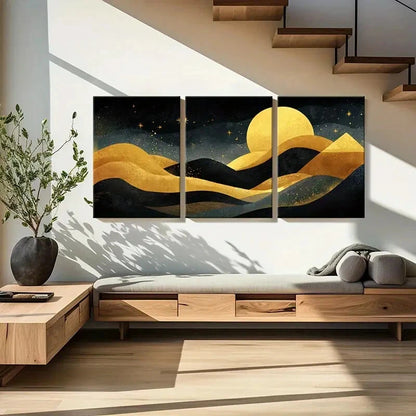 3pcs Moonlit Night Landscape Golden Waves Metal Print Ready to Hang Art